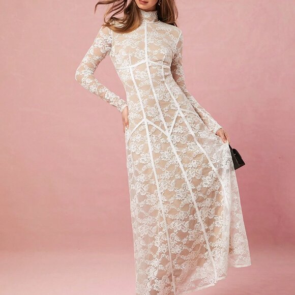 White Elegant Women's Sweet Floral Lace Sexy Dress - Picture 7 of 7